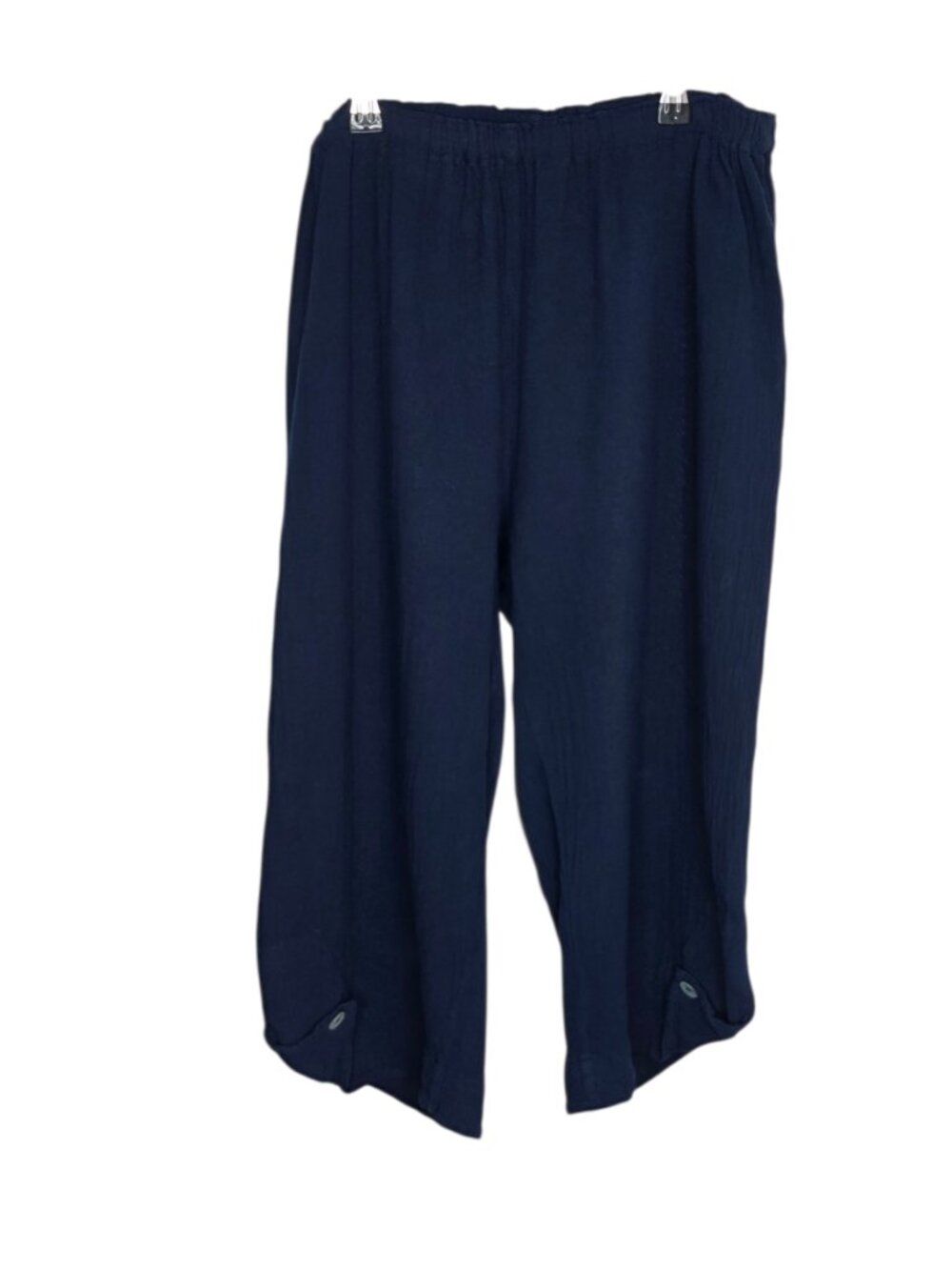 Oh My Gauze! Foldover Button Hem 100% Cotton Crop Pants, Lighweight, Blue, 1/S/M